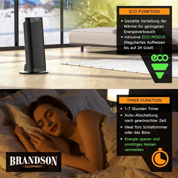 Енергозберігаючий, тихий електричний керамічний обігрівач - Електричний обігрівач з дистанційним керуванням - Коливання - Захист від перегріву - Термостат - Ванна кімната, спальня, вітальня B Чорний