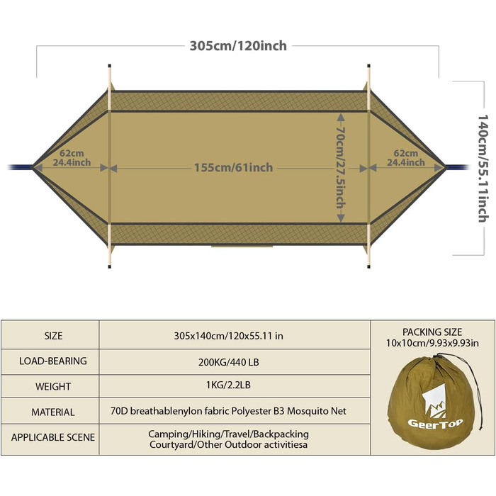 Оновлений гамак для вулиці 3-в-1 з москітною сіткою та сонцезахисним навісом, надлегкий кемпінговий гамак з вантажопідйомністю 200 кг для використання на свіжому повітрі, кемпінгу, походів, зелений