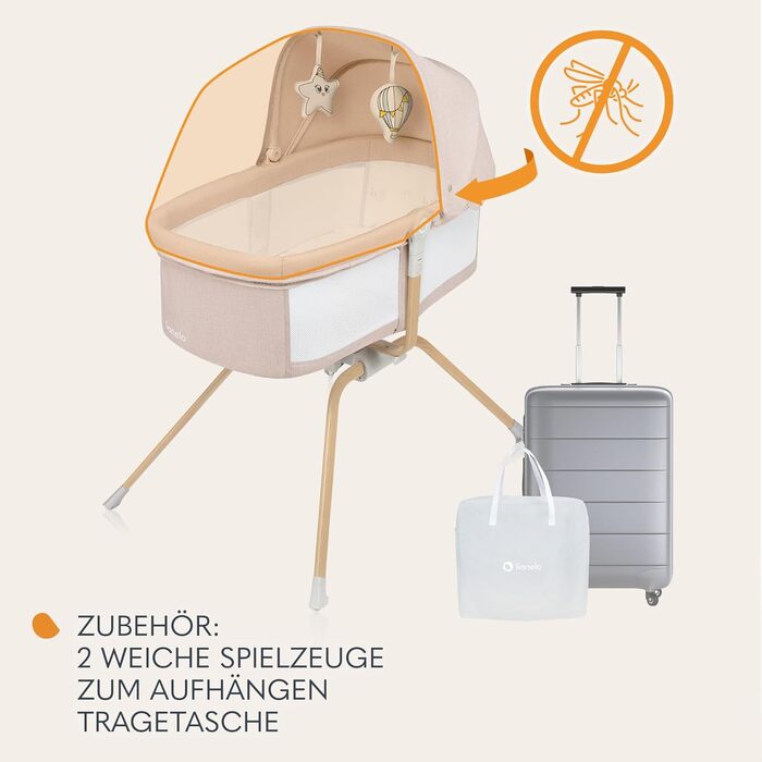 Дитяча колиска Lionelo Malin Evo, Дорожнє ліжечко для немовлят з матрацом, Дитяче дорожнє ліжечко, Дорожнє ліжечко, від 0 до 9 кг, Балдахін, Москітна сітка, Складана, Система гойдання, Регульоване положення лежачи, Швидке складання, Бежевий стандарт