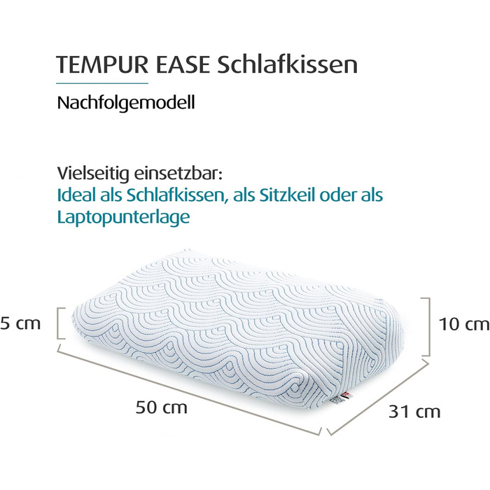 Подушка для сну TEMPUR EASE з піни з ефектом пам&39яті, ергономічна подушка для підтримки шиї для всіх положень сну, жорстка, 50 x 31 x 10/5 см, білий (модель-наступник)