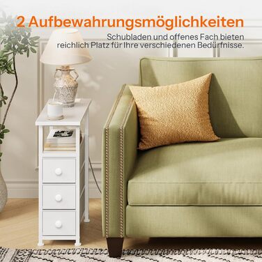 Приліжкова тумба HOOBRO із зарядною станцією, 1 стандартна розетка, 2 USB-порти, вузька бічна тумба, 3 шухляди з нетканого матеріалу, відкрите відділення, для вітальні, спальні, білий EWW482CBZ01