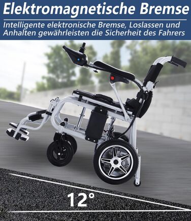 Легка електрична інвалідна коляска Broobey Портативний складаний транспортний електричний інвалідний візок - Розмір подорожі - Схвалено авіакомпанією - Зручний для користувача Silver BA