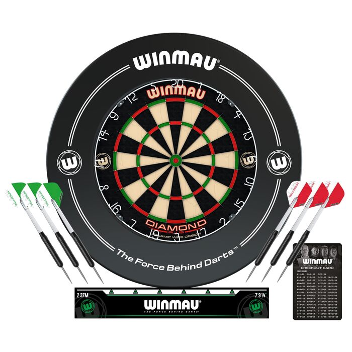Набір захисних рамок для мішні для дартсу WINMAU Diamond Plus Steel - Професійні аксесуари для дартсу - Включає мішень для дартсу Diamond Plus, рамку для дартсу, 2 набори прецизійних сталевих дартсу та багато іншого