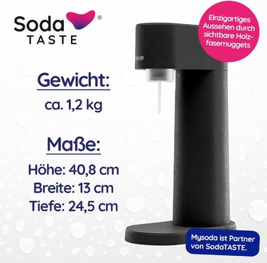 Економ-пакет Mysoda Woody - поновлюваний деревний композитний виробник газованої води з пластиковою пляшкою 1 л без BPA, класичний балон CO2 м'ятний балон CO2 (чорний)