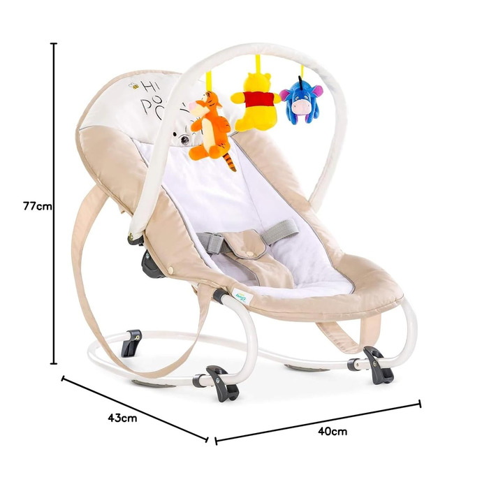 Для немовлят від народження до 9 кг, Регульована спинка, 3-точковий поясний ремінь, Ручки для перенесення, Функція гойдалки (Обійми Пуха)