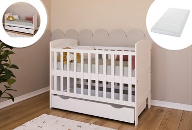 Дитяче ліжко/ліжечко Kids Collective 70x140 см з матрацом та шухлядою, трансформоване ліжечко, регульована висота Біле дитяче ліжко, зроблено в Європі, 70x140 см Від народження до 6 років, 70 x 140 см з шухлядою матрац, біле