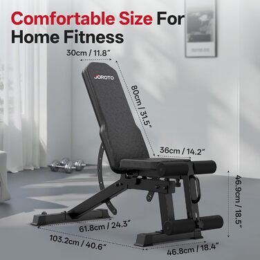Регульована силова лава JOROTO MD65, багатофункціональна силова лава для домашнього використання, тренувальна лава з максимальним навантаженням 800 кг, 9-позиційна регульована спинка та 3-позиційне регульоване сидіння для фітнесу