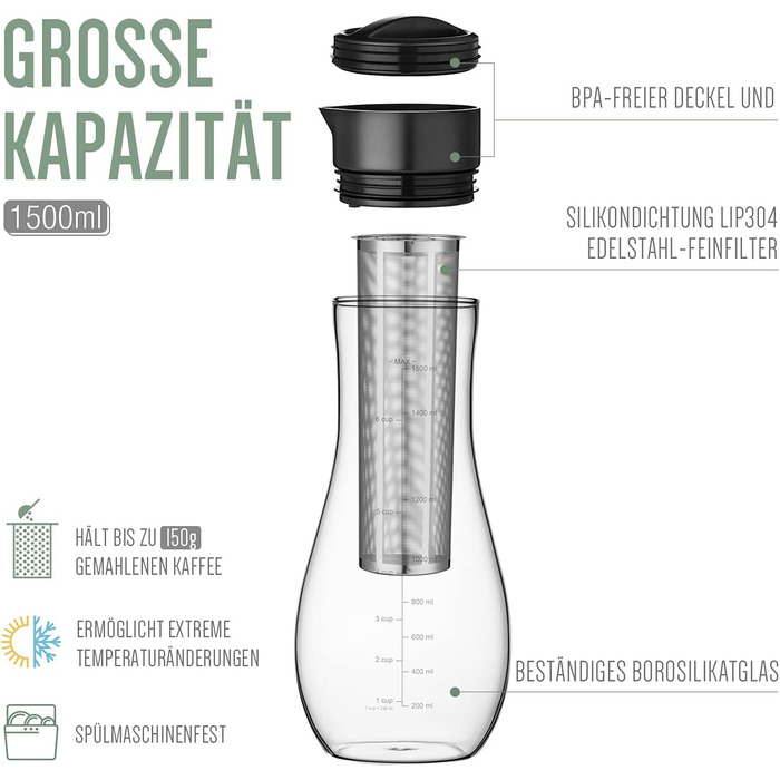 Кавоварка 1.5 л для холодного заварювання, кавоварка холодного заварювання з герметичною кришкою Скляна кава з льодом Глечик Brewer Чайник холодного заварювання, готовий до вживання Холодна кава Глечик Гарячий чай Фруктовий напій Набір блоків заварювання