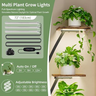 Підставка для рослин з лампою для вирощування - 7-ярусна підставка для квітів 105 см, полиця для рослин з металу та дерева - Квіткові драбини для приміщень та вулиці - Декоративна чорна квіткова підставка для балкону в приміщенні