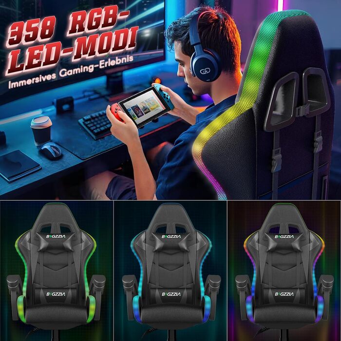 Світлодіодне ігрове крісло, ігрове крісло з мерехтливою світловою стрічкою, підголівником та поперековою опорою, регульована висота та нахил, вантажопідйомність 130 кг, ігрове крісло для ПК для ігрового офісу (чорне) Чорний колір зі світлодіодним підсвічу