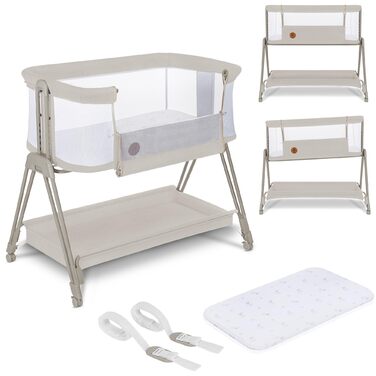 Дитяча тумбочка Lionelo Aurora 3-в-1 для сну від народження до 9 кг, регульована висота та нахил, матрац, 4 колеса, що блокуються, дихаюча, портативна, можна прати, сумка, ремені (світло-бежевий LUNA)