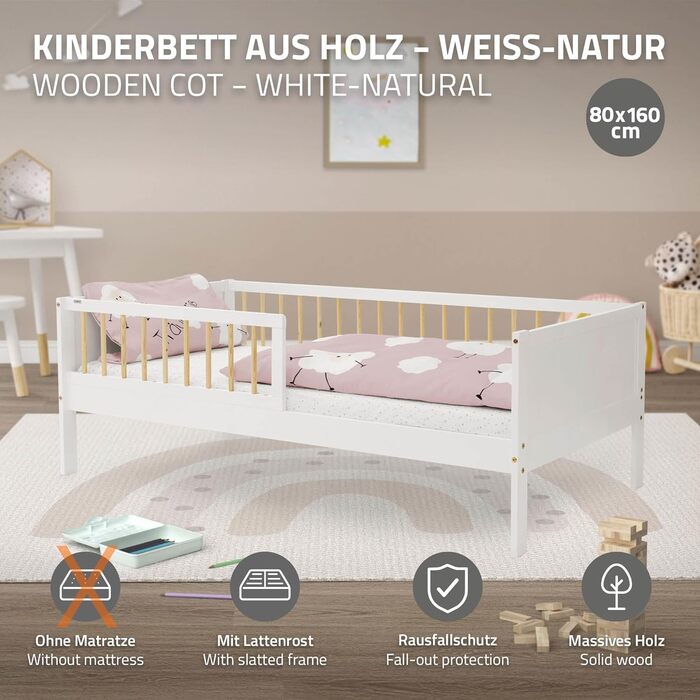Дитяче ліжко ML-Design 80x160 см Біло-Натуральний, Односпальне ліжко для дітей з рейковою основою та захистом від падіння, Дитяче ліжко з сосни, Дерев&39яний каркас ліжка для хлопчиків та дівчаток, Дитяче ліжко з масиву дерева, Ліжко для малюків 80 x 160 