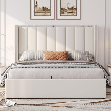М&39яке ліжко з ящиком для зберігання речей, узголів&39ям заввишки 115 см, місцем для зберігання речей, функцією підйому та хромованим дизайном, каркас з масиву дерева оксамит (кремово-білий, 140 x 200 см) 140 x 200 см Бежевий
