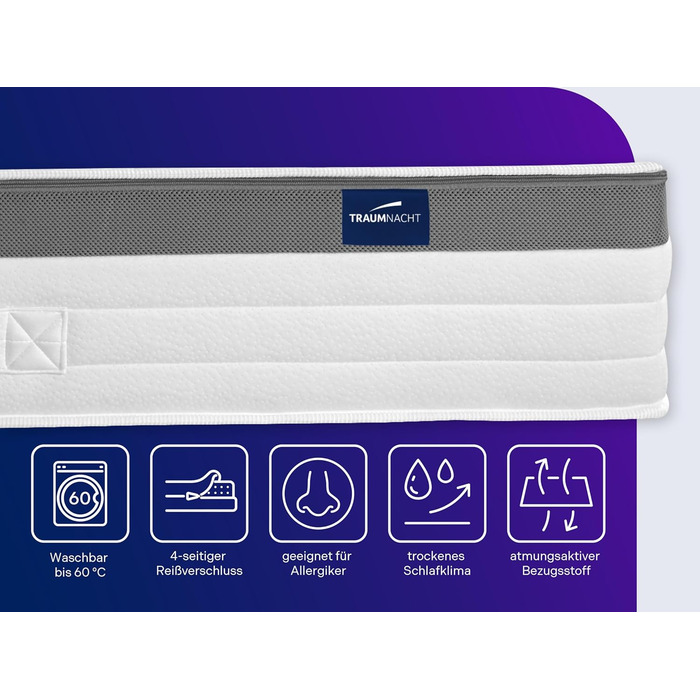 Матрац Traumnacht Premium 7-Zone 500 з пружинами Pocket Spring, рівень жорсткості 4 (H4), 90 x 200 см, сертифікований ko-Tex, виготовлений відповідно до німецьких стандартів якості, рівень жорсткості 4 - жорсткий, 90 x 200 см