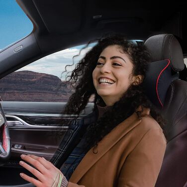 Автомобільна подушка для шиї ZATOOTO, подушка для шиї з піни з ефектом пам&39яті, подушка для голови, має регульований плечовий ремінь та чохол, який можна прати, для водія або пасажира, зручна, м&39яка та дихаюча (чорна) з червоною обробкою