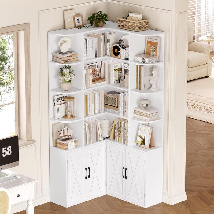 Кутова книжкова шафа FirFurd 187 см з дверцятами, 12 відділень, L-подібна дерев&39яна вітрина, висока шафа, полиця з дверцятами для вітальні, кабінету, офісу, кухні, 187 x 80 x 80 см, білий