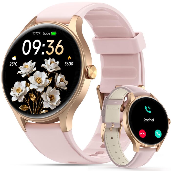 Розумний годинник для жінок та чоловіків, круглий (2 ремінці), 1,27-дюймовий сенсорний HD-екран, 40-мм розумний годинник з функцією телефону/голосовим помічником зі штучним інтелектом, 120 спортивних режимів, фітнес-трекер з серцевим ритмом, SpO2, рожевий