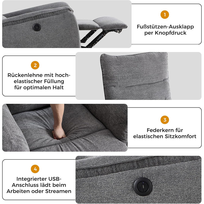 Електричне крісло-реклайнер для телевізора EBELLO з функцією відкидання, крісло для телевізора у вітальні, витримує до 150 кг, одне крісло-реклайнер для вітальні, темно-сірий 1 темно-сірий