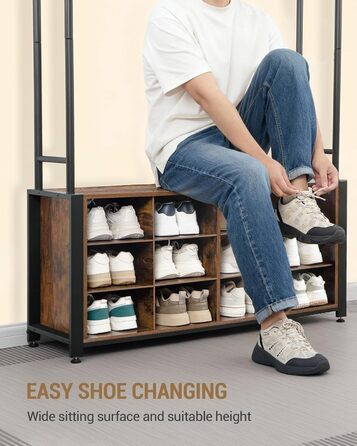 Вішалка для одягу Hzuaneri з лавкою для взуття, шафа з 13 гачками, 14 відкритими відділеннями, регульовані полиці, вішалка для одягу для коридору, вхідної зони, 31 x 108 x 187 см, вінтажний коричнево-чорний HT17901B