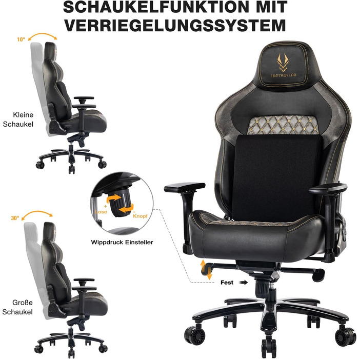 Ігрове крісло Fantasylab, вантажопідйомність 200 кг, офісне крісло, регульовані підлокітники 200 кг, 4D-геймерське крісло з поперековою опорою, крісло керівника, ергономічне письмове крісло, чорний/сірий