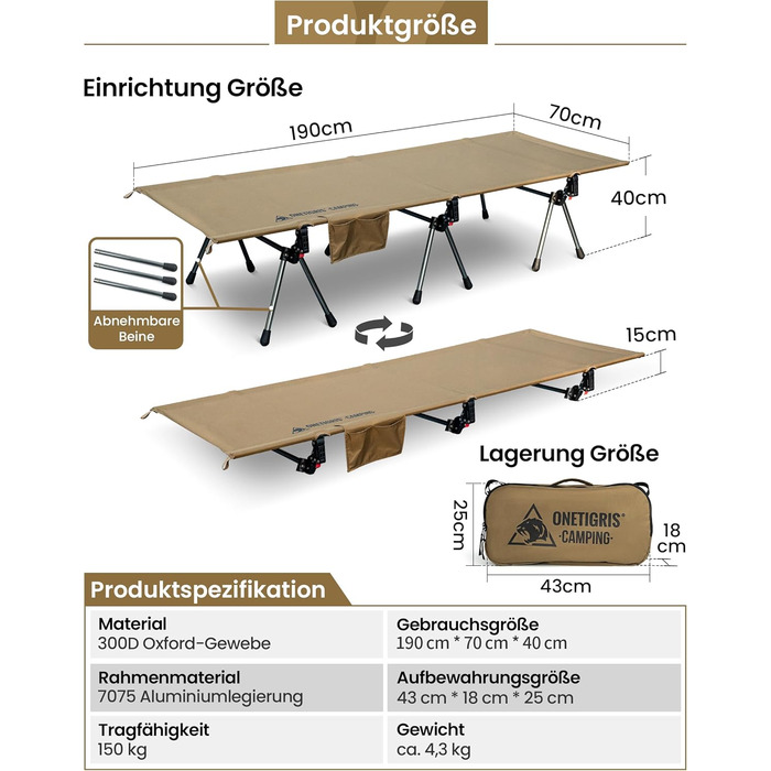 Складане похідне ліжко 19070 см, портативне туристичне ліжко, легке, складне, кемпінгове ліжко до 150 кг для намету, для активного відпочинку на природі, подорожей, саду, офісу, кольору койота коричневого
