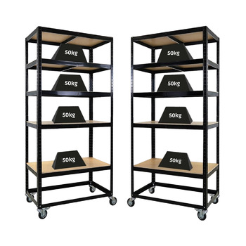 Комплектувальний візок BUFFALO Мобільний комплектувальний стелаж 192x90x50 см 5 полиць Навантаження на полицю 50 кг 2 шт. поворотні ролики та 2 шт. поворотні ролики з фіксуючим гальмом Чорна полиця на колесах Комплект візків для полиць з 2 предметів - 192