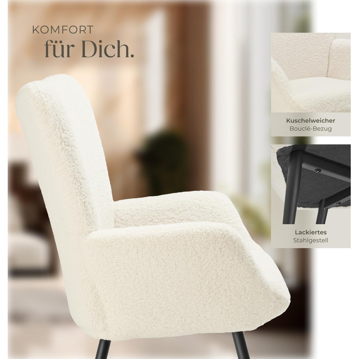 Крісло tectake у скандинавському стилі з крилами, крісло Teddy Hygge, крісло з букле для вітальні, спальні, вишукане крісло-гостина, вантажопідйомність до 150 кг без підставки для ніг, букле кремовий/чорний