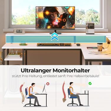 Г-подібний ігровий стіл Rolanstar зі світлодіодним освітленням та розетками, ігровий стіл з підставкою для монітора та місцем для зберігання, кутовий стіл з 2 гачками, великий двосторонній комп&39ютерний стіл для офісу (білий, 137 x 108 см) Білий 137 x 10