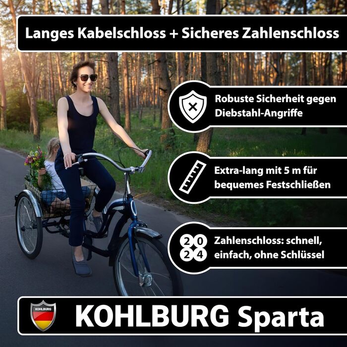 Тросовий замок KOHLBURG завдовжки 5 метрів з цифровою комбінацією - кодовий замок 500 см - сталевий тросовий замок 5 м з покриттям - сталевий трос 500 см з цифровим кодом для велосипедних садових меблів та велосипедного замка
