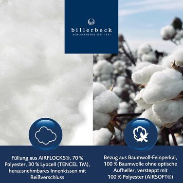 Подушка Billerbeck ALCANDO - волокниста подушка приблизно 40 x 80 см подушка із середньою підтримкою бавовняний чохол на блискавці наповнювач AIRFLOCKS, індивідуально регулюється