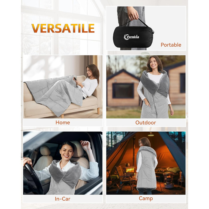 Бездротова ковдра з підігрівом та батареєю 7,4 В для чоловіків та жінок, електрична грілка FERNIDA, портативна шарф-підігрів для дому, офісу, подорожей, походів, сірого кольору