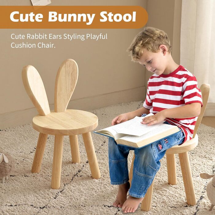 Дитячий стілець Inscrip дерев'яний, дитячий стілець зі спинкою зайчикові вушка, пуф для дітей, табурет для перевзування, маленький
