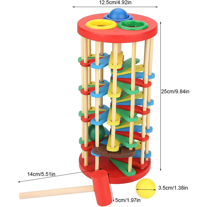 Дерев'яна іграшка для падіння м'яча, фунтовий пандус, іграшка, дерев'яна вежа, що котиться, з молотком, молоток і киянка для малюків, іграшка для раннього розвитку та активності