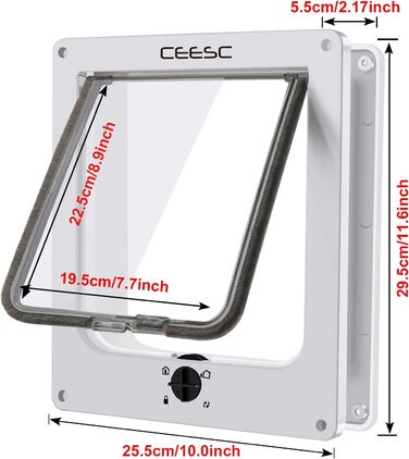 Великі котячі дверцята CEESC (зовнішні розміри 29,5 см x 24,5 см), поворотні котячі дверцята з 4-стороннім замком для внутрішніх та зовнішніх дверей, водонепроникні дверцята для котів та собак з обхватом талії < 63 см