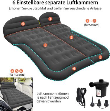 Надувний матрац для автомобіля, позашляховик, надувний матрац з насосом, MPV, надувний матрац, кемпінг, автомобільна подушка, товстіший надувний матрац для заднього сидіння з двома подушками для кемпінгу, подорожей, двору, пляжу, чорного кольору