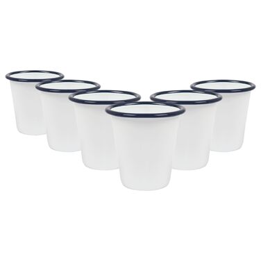 Аргоновий посуд 6 x 300 мл Білі емальовані кружки - Сині - Багаторазові бляшані кружки з нержавіючої сталі для кемпінгу, подорожей, пиття, кави, дитячі склянки