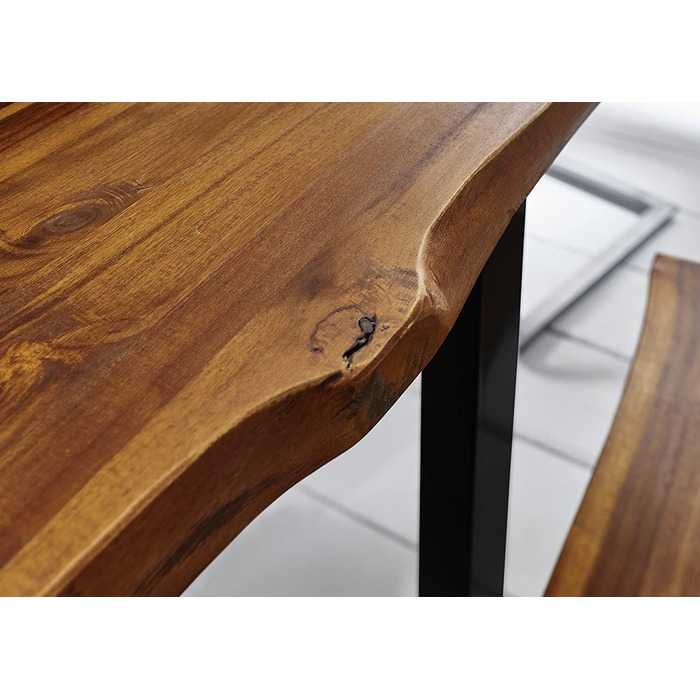 Обідній стіл SAM Esra, 120 x 80 см, масив акації, коньячного кольору, стіл з натуральним краєм та чорним металевим каркасом, обідній стіл зі стільницею з натуральним краєм 26 мм, справжній натуральний край, 120 x 80 см, коньячний/чорний