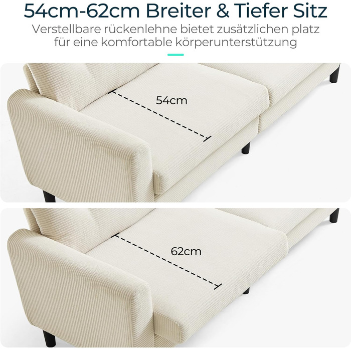 Місний диван LINSY HOME, ширина 201 см, диван з регульованою глибиною сидіння, невеликий диван-кутник для вітальні, спальні, квартири, офісу, бежевий, сучасний, 3-