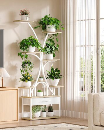 Підставка для рослин Hzuaneri з лампою для вирощування, 9-ярусна підставка для квітів з 4 світлодіодними лампами RG, регульований колір та час, 164 см, ідеально підходить для вітальні, балкона, саду, біла, PS16016WEU 9 ярусів білого кольору