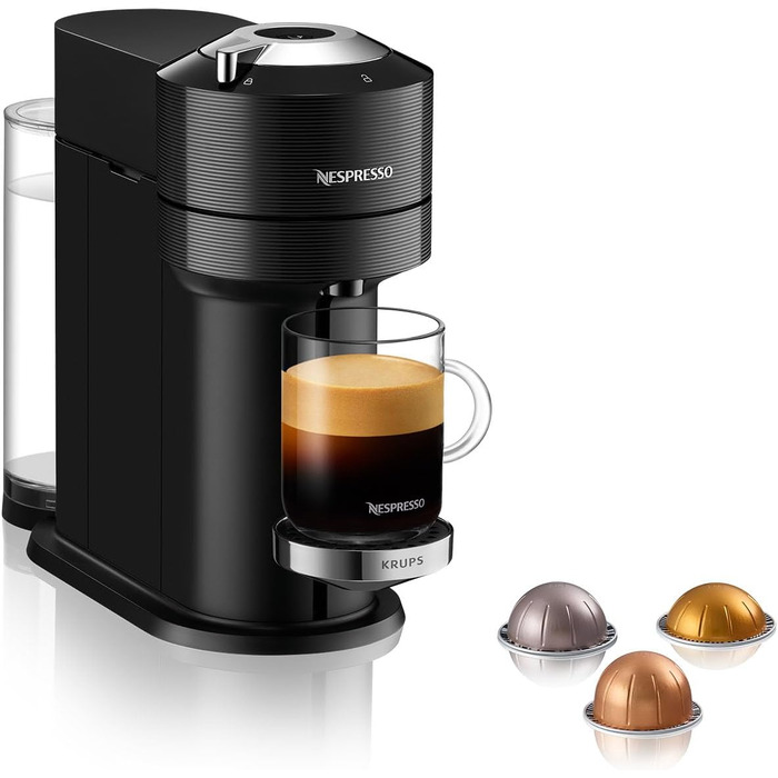 Кавова капсульна машина преміум-класу Nespresso Krups XN9108 Vertuo Next Резервуар для води 1,1 л Розпізнавання капсул за штрих-кодом 6 розмірів чашок Функція вимкнення живлення 54 переробленого пластику Чорний