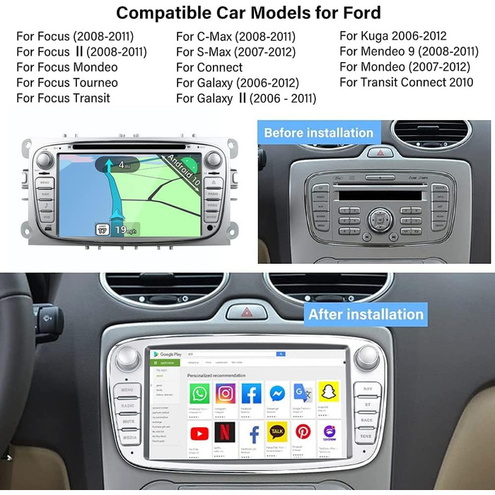 Автомобільна стереосистема YUNTX Android 12 для Ford Focus/Mondeo/S-Max/Connect (2008-2011) Радіоприймач з GPS Navi-CarPlay/Android Auto/Bluetooth 5.0/DAB/USB/WiFi/4G/Mirrorlink-Free камераCanbusMIC-2 Din IPS 7 дюймів 2G32G-сріблястий