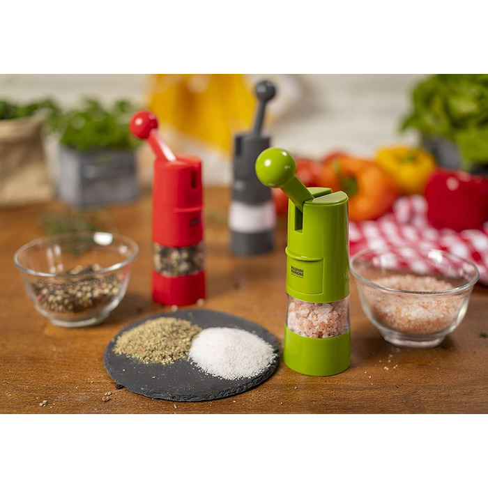Подрібнювач з тріскачкою KUHN RIKON Salt Mill & Pepper Mill, ручний млин для спецій, зелений, регульований керамічний подрібнювач, пластик, 5,8 x 5,8 x 21,5 см