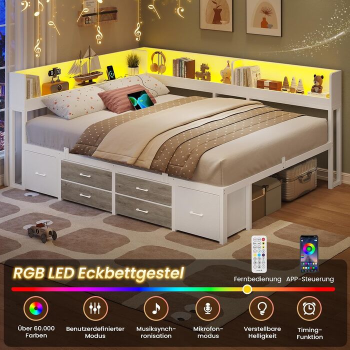 Ліжко AOGLLATI 140x200 з місцем для зберігання, диван-ліжко з вбудованою книжковою полицею та 6 шухлядами, дитяче ліжко зі світлодіодним освітленням та зарядною станцією, гостьове ліжко, кушетка, каркас ліжка з рейковою основою (білий, 140x200 см) 140x200
