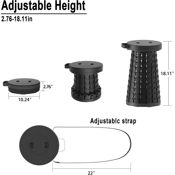 Портативний телескопічний стілець, портативний складаний стілець, висувний складаний стілець для кемпінгу, риболовлі, подорожей, барбекю, походів, регульований складаний стілець, складний стілець, вантажопідйомність 280 кг з карабіном, чорно-білий, 25x25x