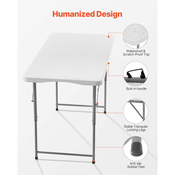 Розкладний фуршетний стіл VEVOR, портативний універсальний стіл, 122 см, прямокутний пластиковий стіл з регульованою висотою та вбудованою ручкою, садовий стіл, кемпінговий стіл для вечірок, пікніків, кемпінгу, білий, 1220 x 600 x 740 мм