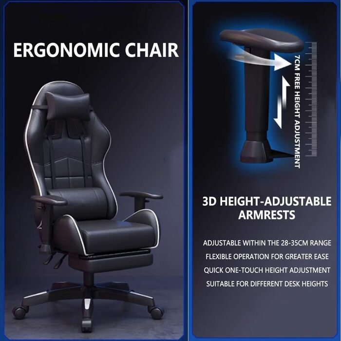Ігрове крісло, ергономічне комп&39ютерне крісло з підставкою для ніг, що відкидається на 90-145, регульовані 3D підлокітники, потовщене шасі для дому та офісу, чорного кольору