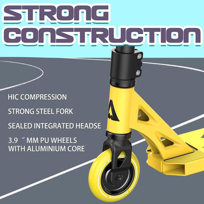 Самокат PLAYSHION трюковий самокат для фрістайлу 100мм з колесами на шарикопідшипниках ABEC 9 для дітей та дорослих жовтий