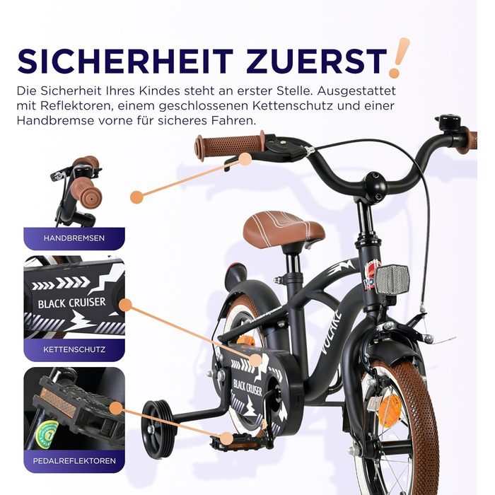 Дитячий велосипед Volare Black Cruiser 12 35 років Ручне та ножне гальмо, знімні бічні колеса, захист ланцюга та світловідбивачі Регульоване сідло Подарунок для дівчаток та хлопчиків