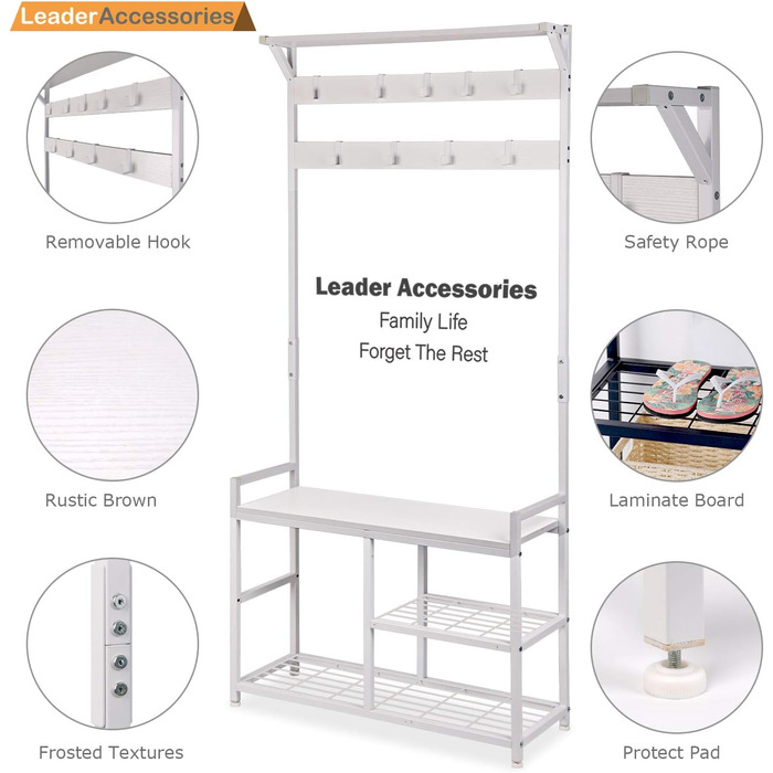 Вішалка для одягу Leader Accessories з лавкою, металева вішалка для одягу в рустикальному стилі, 182x30x84 см (ВxГxШ), біла