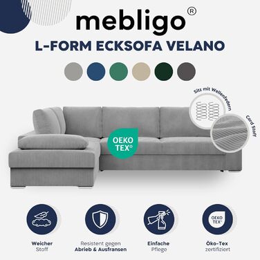 Кутовий диван з функцією сну та відділенням для зберігання речей шириною 287 см VELANO, кутовий диван, L-подібний диван, великий диван, комфорт та стиль, L-подібний секційний диван, L-подібний диван з функцією сну - Вельветовий диван темно-сірий (Poso 022